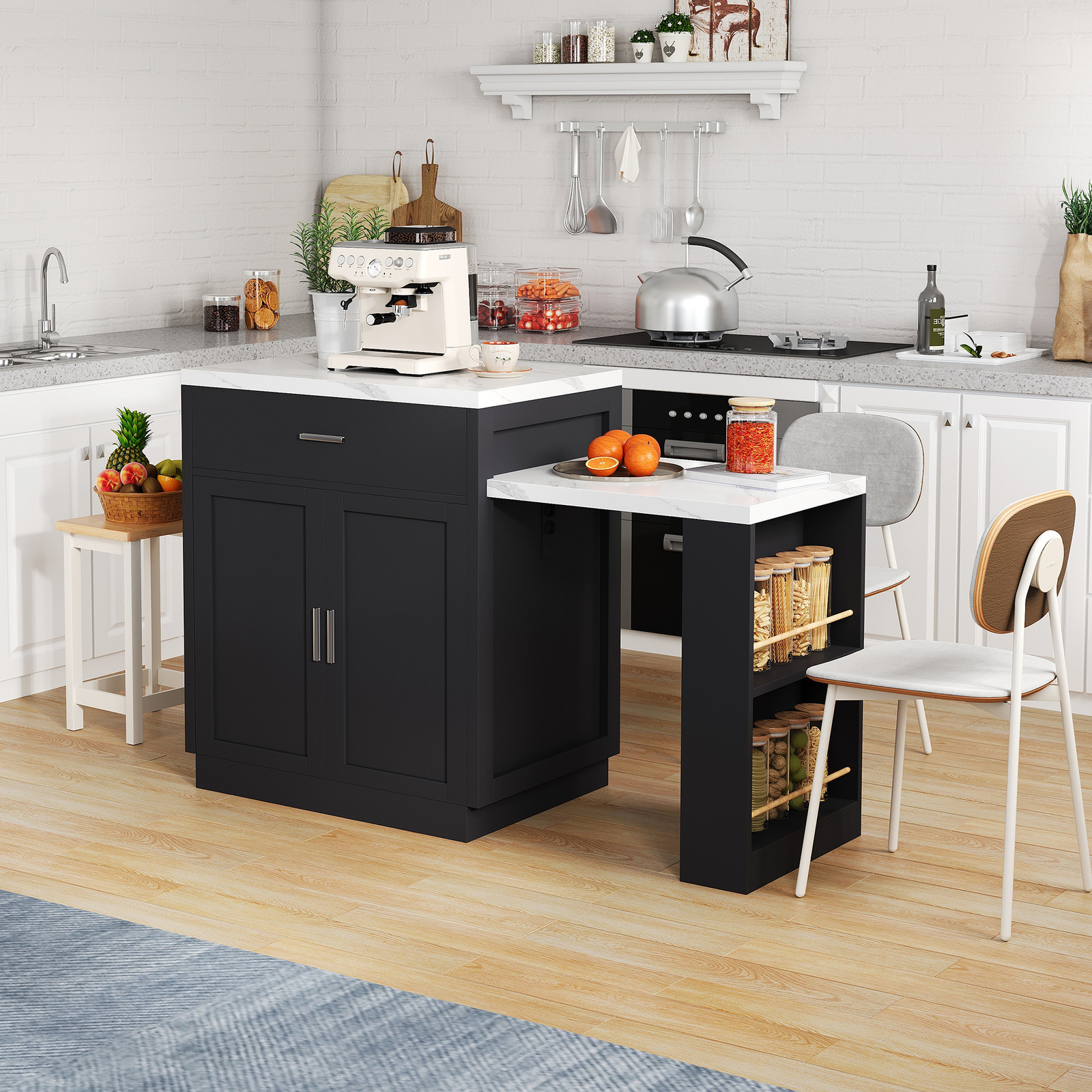 MODFU Dressoir Keukeneiland met uitschuifbare eettafel en stopcontact, zwart