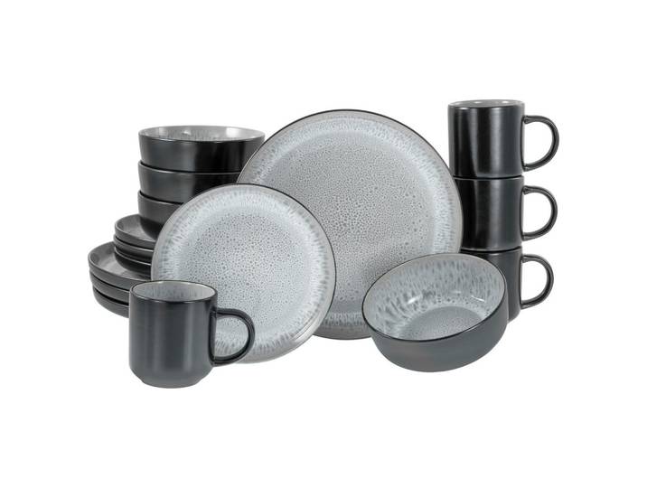 Creatable Kombiservice Nordic Fjord Frost, Schwarz, Hellgrau, Keramik, 16-teilig, 300 ml,450 ml, lebensmittelecht, stapelbar, Essen & Trinken, Geschirr, Geschirr-Sets, Kombiservice