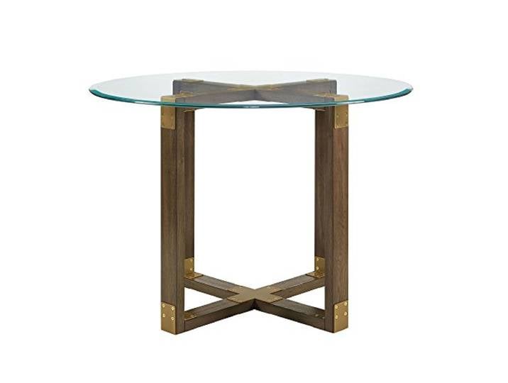 DHP Furniture Bronx Esstisch Rund, Glasplatte mit Eicheoptik und Messing-Akzenten, 109 x 109 x 74 cm, moderner Esstisch im Industrial Design für Esszimmer, Küche und Wohnbereich
