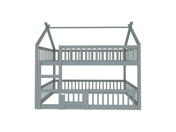 Lit superposé enfant familial 140 x 200 cm avec escalier garde-corps porte ouvrante gris