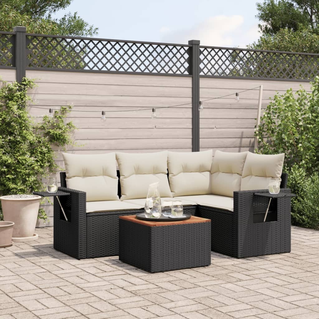 Garten-Sofagarnitur, 5-teilig, modular, mit klappbaren Ablagen, PE-Rattan, pulverbeschichtetem Stahl, Akazienholz-Tisch, Schwarz, Cremeweiß Kissen