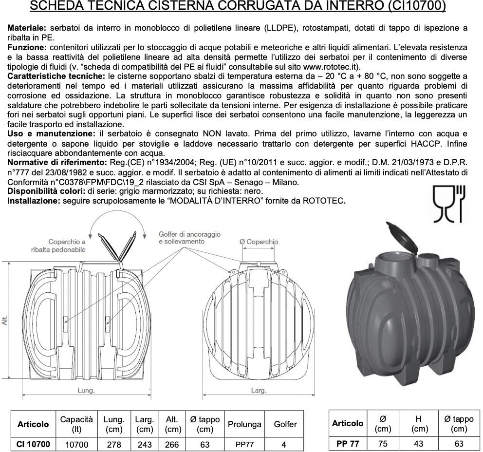 Rototec CL10700 Serbatoio cisterna da interro capacità 10700 litri