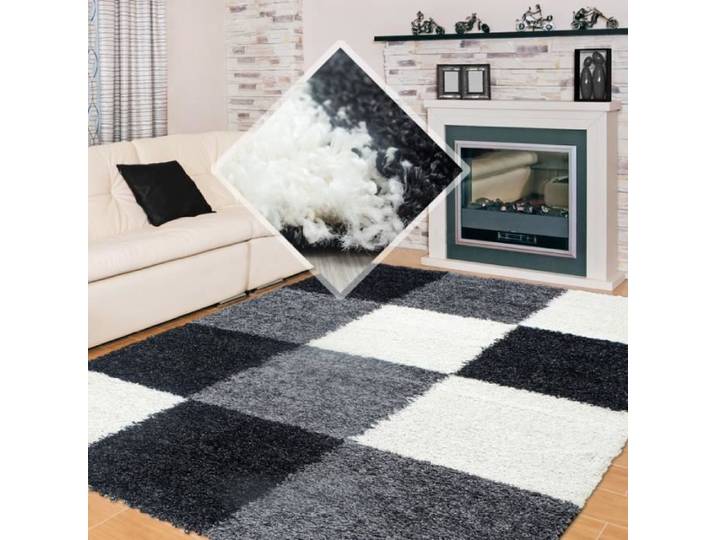 Tapis Shaggy CARPETTEX - Motif Carreaux - Noir - 120 x 170 cm