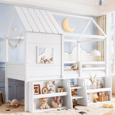 GREATPLANINC Wood House Bed Frame Loft Bed with Stairs Storage Shelves Window Guardrails