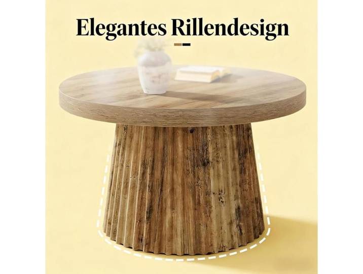 WOVREO Table basse ronde 80 cm base cannelée aspect bois MDF marron
