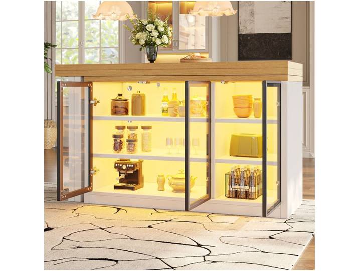 ROVRYN Îlot central avec table extensible pivotante 360° et meuble latéral MDF et verre blanc
