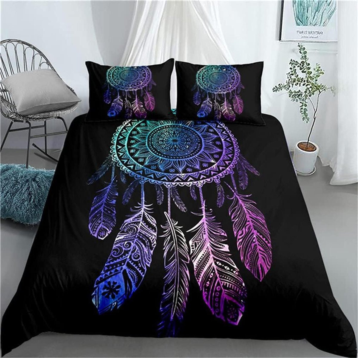 Bohemian Dekbedovertrek Set met Levendige Print in Blauw Paars, Super King 230x260 cm