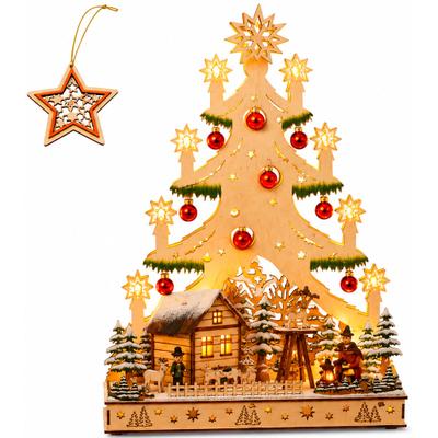 Weihnachtsszene OTTO HOME "Fensterdeko Baum mit Dorf, rote Glaskugeln und LED-Beleuchtung, 1 Stk.", braun (natur), Holzwerkstoff, Weihnachtsdörfer, LED-Lichtbaum, Zeitschaltuhr, mit roten echten Glaskugeln verziert