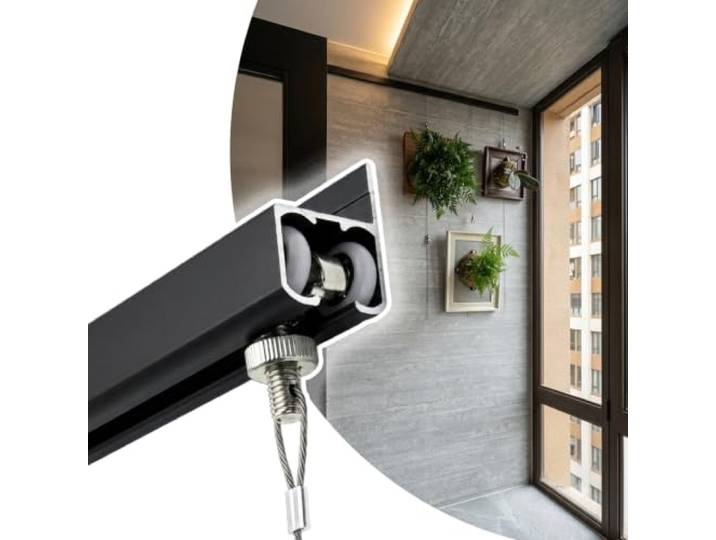 Hängeschienensystem mit einstellbarer Spannung, Aluminium-Wand-/Deckenmontageschiene mit 2 Drähten und Haken for Kunstpräsentation, Fotovitrine(Wall Mount,1.5m rail+2.5m Wire)