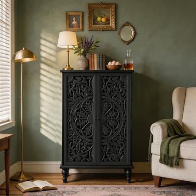 "Vintage 47"" Tall Hollow Carved Accent Cabinet with Storage Adjustable Shelf"
