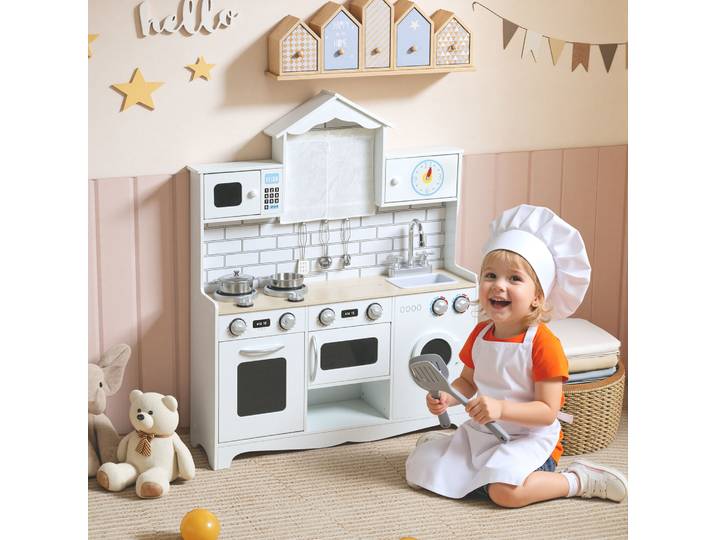 AIYAPLAY Cuisine Enfant Bois Blanc avec Évier et Accessoires
