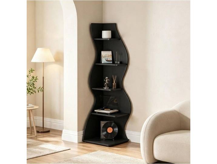 WUVRIE Étagère d'angle 5 niveaux noire bibliothèque sur pied design courbe rangement pour salon et bureau
