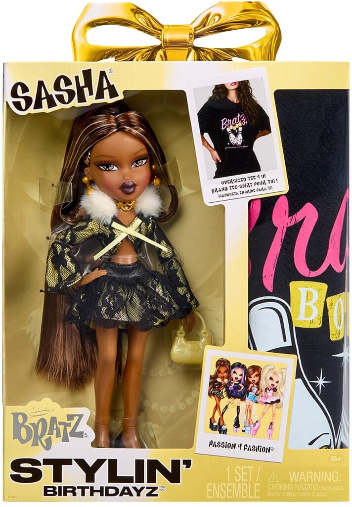 MGA Entertainment Bratz Stylin' Birthdayz Sasha Fashion Doll with Customisable T-Shirt for Adults, pastel yellow and black, unisex adult XL