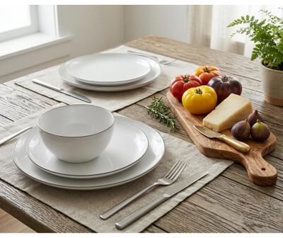 Safdie & Co. S&CO Home Royale 12-Piece Porcelain Dinnerware Set, Service for 4, White with Platinum Silver Rim