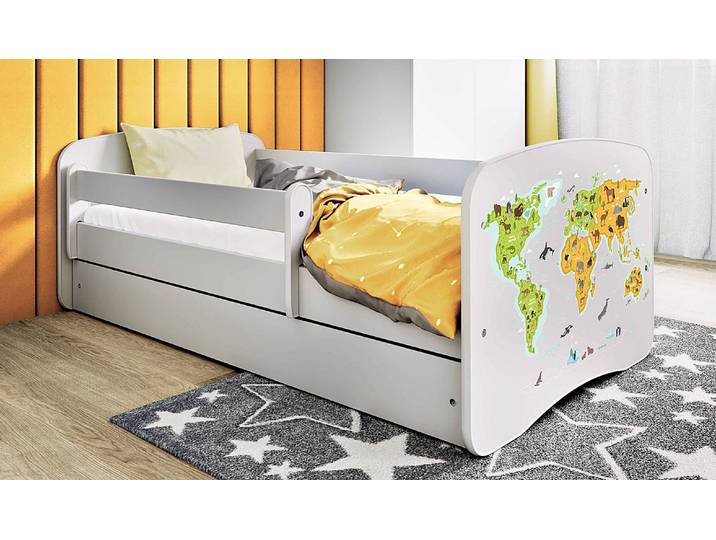 Einzelbett Buyo - Weltkarte 80 x 160cm mit Lattenrost Weiß/Weiß