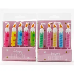 Bunte gestreifte und gepunktete Geburtstagskerzen, 5er-Pack, sortiert