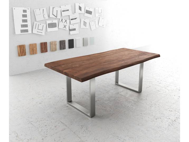Esstisch Edge 200x100 XL Akazie Braun Edelstahl Schmal Live-Edge, Esstische, Baumkantenmöbel, Massivholzmöbel, Massivholz