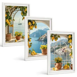 BILDER SET 3er Set - 40x60 cm Weißer Rahmen - Zitronenblumen aus der Küstenstadt