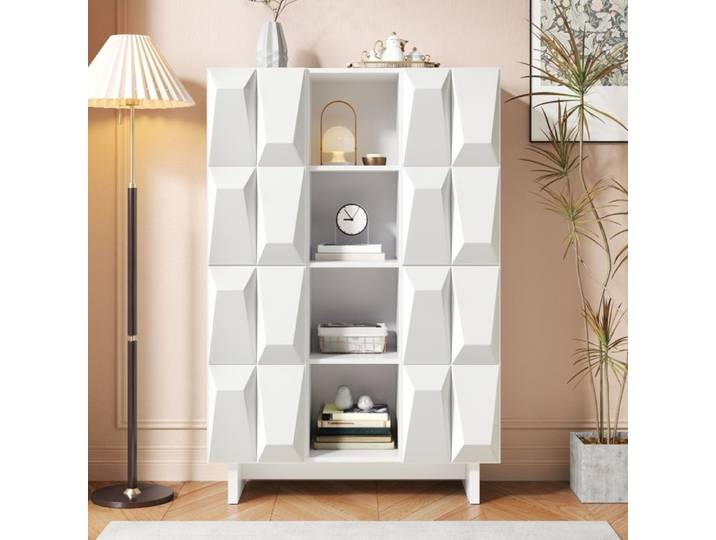 Armoire haute vitrine blanche en panneau de particules 90 5x34x135 5 cm 4 portes relief et 12 compartiments entrée salon bureau