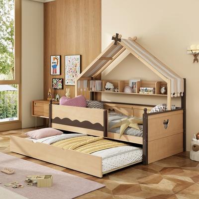 Wooden House Shaped Daybed with Built In Bookshelf
