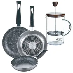 BERGNER - Set aus 3 Pfannen Ø16/20/24cm gepresstes Aluminium, geeignet für Induktion Black Soul Marble Stempel-Kaffeemaschine aus Borosilikatglas