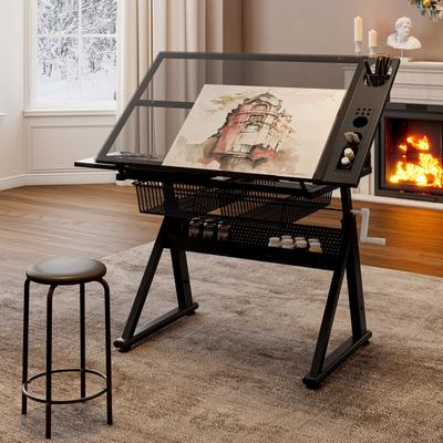 Aura Hand Crank Adjustable Tempered Glass Drafting Drawing and Printing Table with Chair and Storage Space