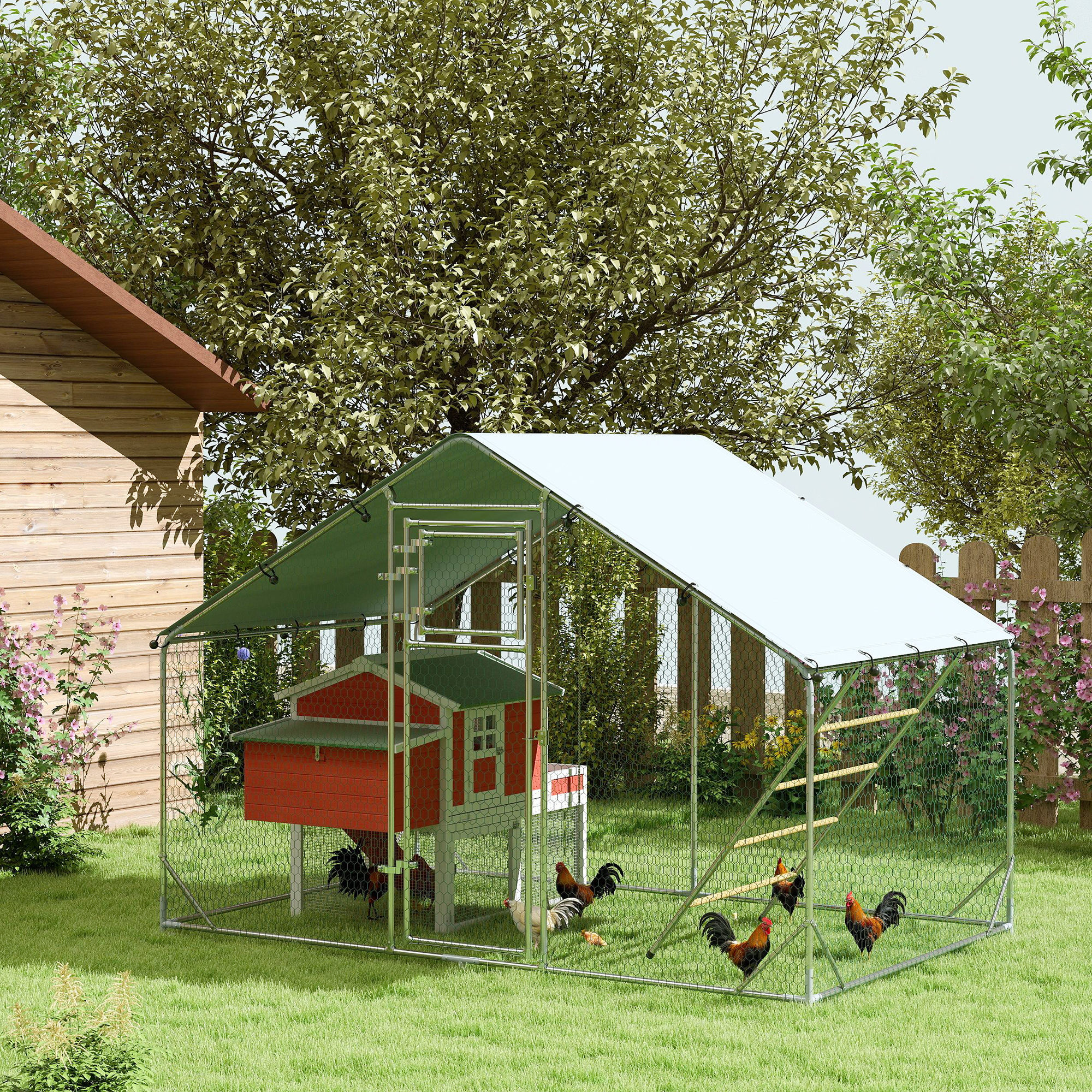 Pawhut Recinto per Galline da 6m² per 6-8 Animali con Tetto Impermeabile, Mangiatoia e Posatoio, 3x2x1.9m, Argento   Aosom Italy