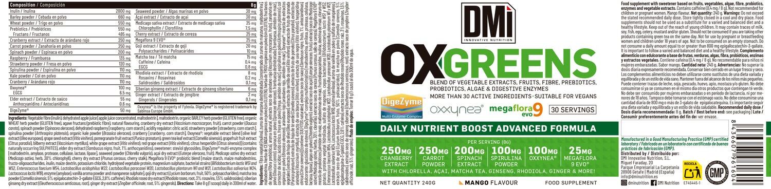 DMI Nutrition OX-Greens DigeZyme Oxxynea Megaflora 9 Evo Mango 240g