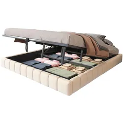 OKWISH Modernes Polsterbett 180x200 cm Beige mit LED Lichtleiste Schwebeoptik Luftdruck Stauraum stabiler Metallrahmen Leinenstoff Doppelbett