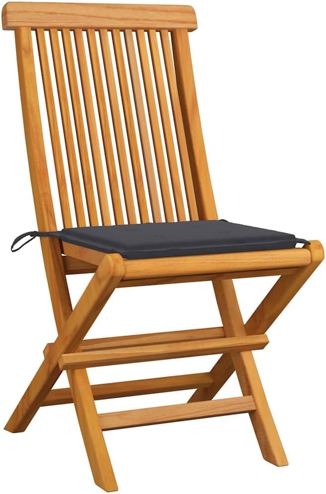 Set aus 2 klappbaren Gartenstühlen aus massivem Teakholz mit anthrazitfarbenen Auflagen für Garten und Terrasse