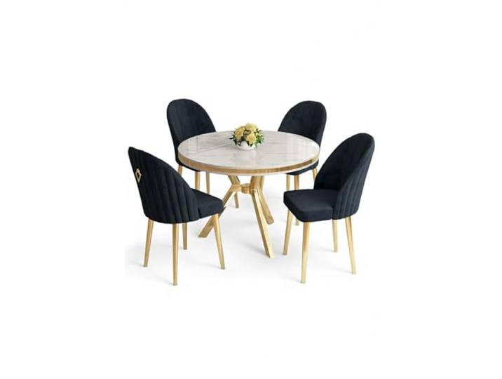 Hanah Home Modern 5-Piece Dining Table & Chairs Set, White Marble & Gold, Metal Legs, Babyface Fabric, Elegant Design for Glamorous Dining Spaces