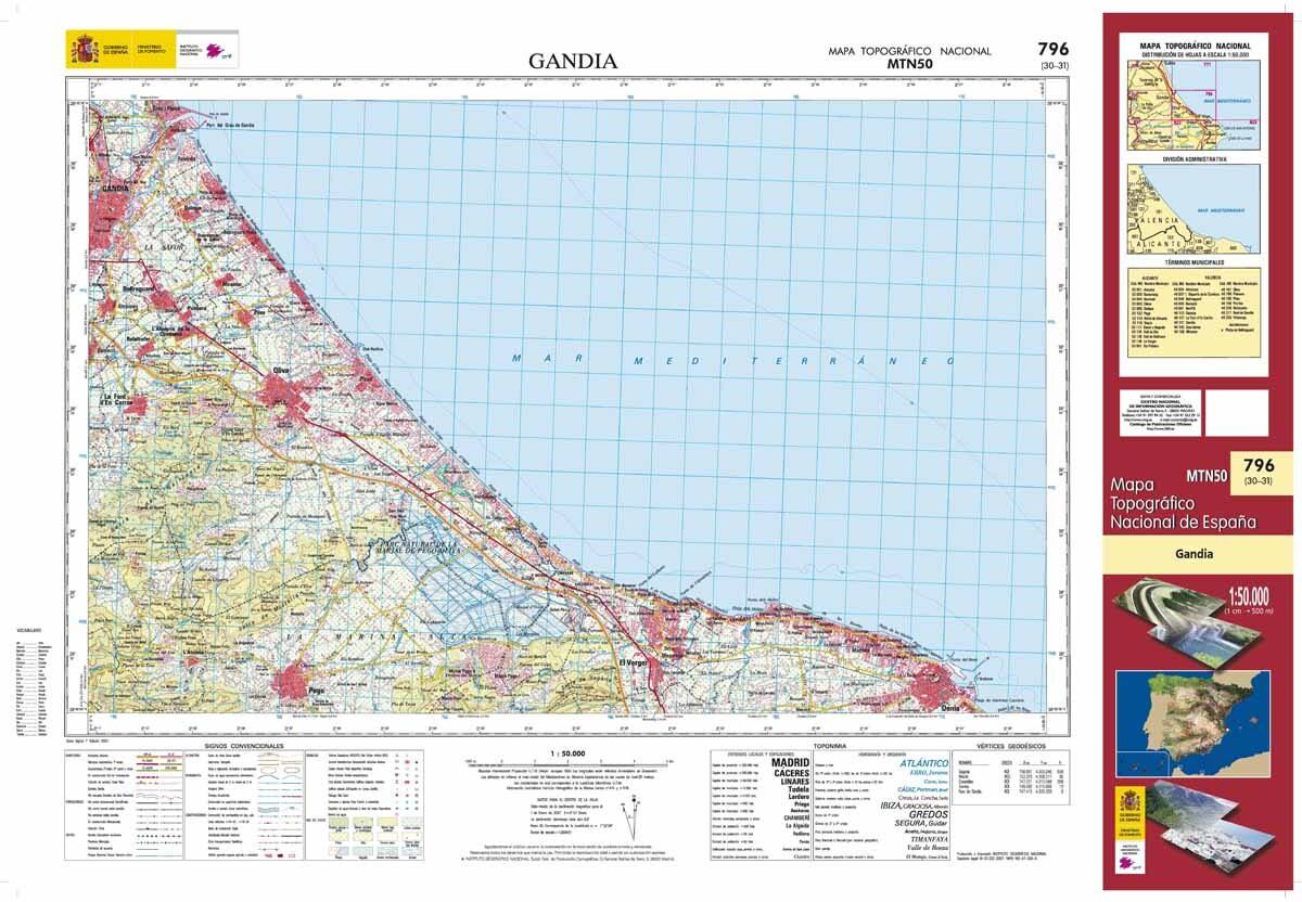 Carte topographique de l'Espagne n° 0796 - Gandía   CNIG - 1/50 000