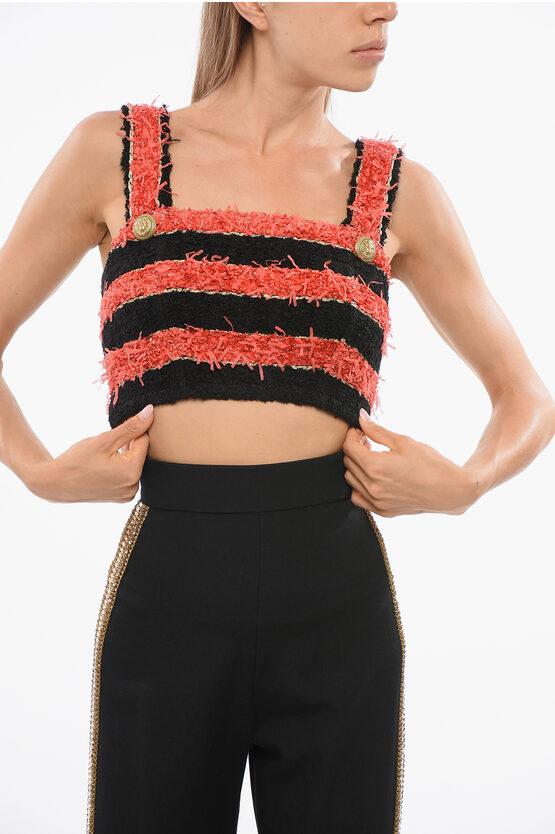 Zweifarbig gestreiftes Tweed-Crop-Top in Nero, Rosso