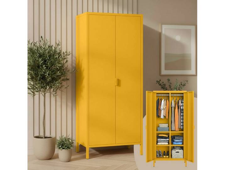 skølm Kleiderschrank Ituri aus Metall (Senfgelb) Metallschrank mit 6 Fächern & 2 Kleiderstangen, 170x80x45 cm