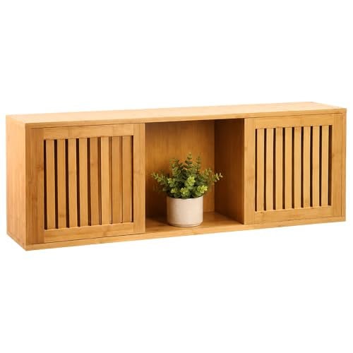 Relaxdays Wandrek met 2 Schuifdeuren en 3 Vakken, Bamboe, Beige