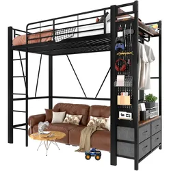 OKWISH Hochbett 90x200 cm mit USB+Type-C Anschlüssen, LED-Leiste und 4 Schubladen – Funktionalität und modernes Design Schwarz