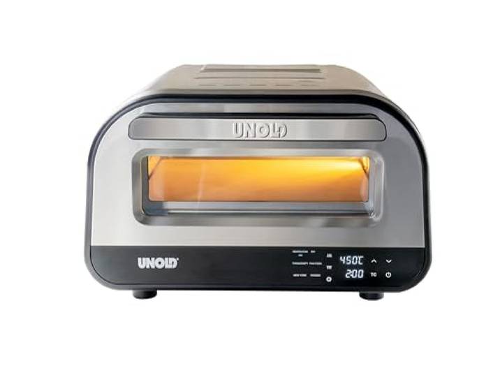Unold Pizzaofen LUIGI Elektrisch aus rostfreiem Edelstahl mit Pizzastein mit bis zu 450°C, nur ca. 2 Minuten Backzeit, energiesparend, 1.700 Watt