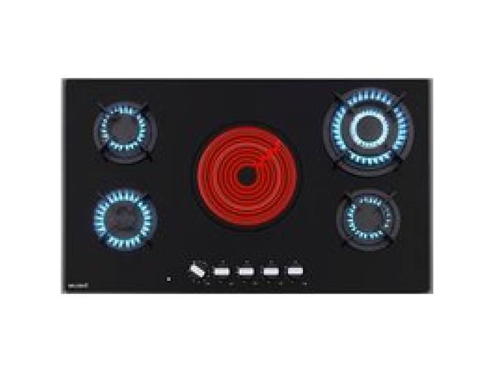 PLAQUE DE CUISSON MIXTE GAZ ET VITROCERAMIQUE 5 FOYERS - VERRE NOIR - DOUBLE COURONNE 10200 W - FONTE - BELDEKO