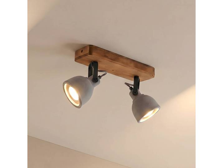 Lindby Spot Mitis, 30 cm, 2-flg., grau, Holz, Beton, GU10 Mitis Lindby, dimmbar, Holz dunkel, für Wohn- / Esszimmer, Beton, Industrielles Design