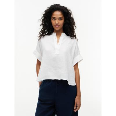 Kurzarmbluse TOMMY HILFIGER "SUMMER LINEN POPOVER SS SHRT", Damen, Gr. 1X (48), th optic weiß, Web, Obermaterial: 100% Leinen, unifarben, regular fit Po-bedeckend, Rundhals, abgesteppte Kante, Blusen, Leinen, kurze Knopfleiste, hinten länger...