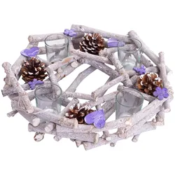 Adventskranz rund mit Teelichthaltern, Weihnachtsdeko Adventsgesteck, Holz Ø 30cm lila-grau