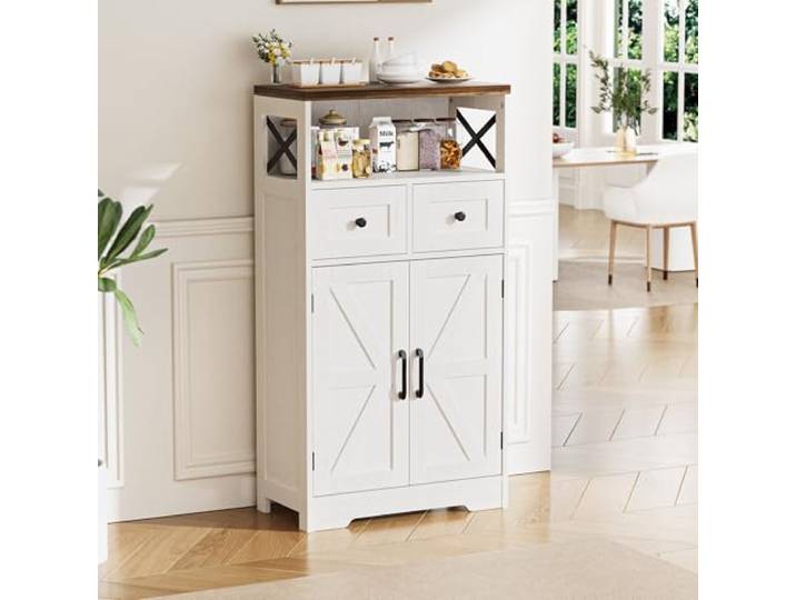 BonVache Küchenschrank, Sideboard mit 2 Schubladen für Küche,Weiß Kommode, mit Tür und verstellbarem Regal, 2 Schubladen, für Küche, Esszimmer, Wohnzimmer
