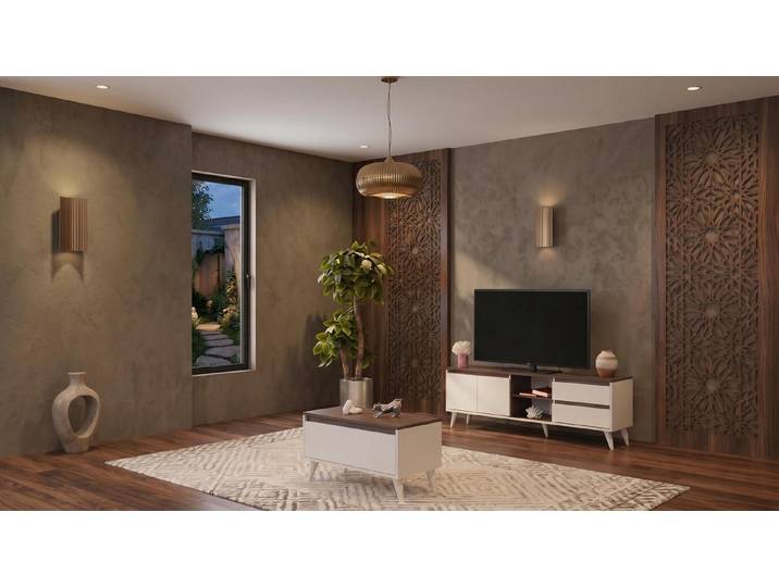 JVmoebel TV-Wand Beige-braunes Wohnzimmer-Set TV-Schrank Couchtisch Fernsehgarnitur, Made in Europa
