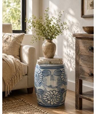 Artissance "Approx. 17"" High Blue and White Garden Stool with Flower Motif"