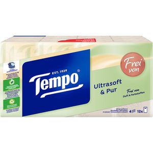 Tempo Taschentücher ultrasoft & pure , duftfrei, Päckchen, Zellstoff, 4-lagig, ohne Farbstoffe, je 9 Tücher, 12 Stück