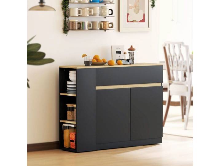 CollaHausse Buffet de Cuisine 2 Tiroirs 3 Étagères Ouvertes 2 Portes Noir 110x29 5x82 cm