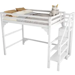 MODFU Hochbett 140x200 cm mit Lattenrost Stufentreppe Kleiderschrank Stauraum Platzsparend Kiefernholz MDF Modern Weiß