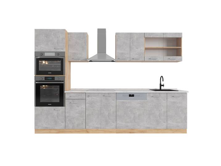 Cuisine avec armoire haute pt marbre béton/force dor chêne 300x81,6cm