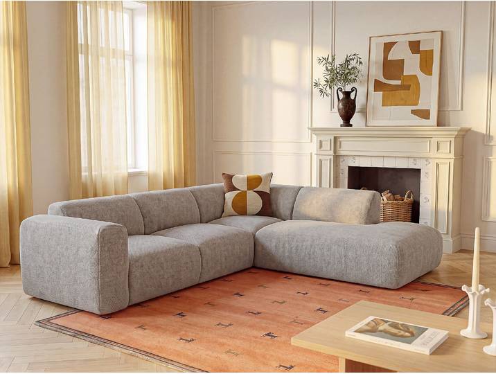 Großes Ecksofa mit Récamiere-Rückenlehne aus grauem Stoff von Maison Céphy POGNI