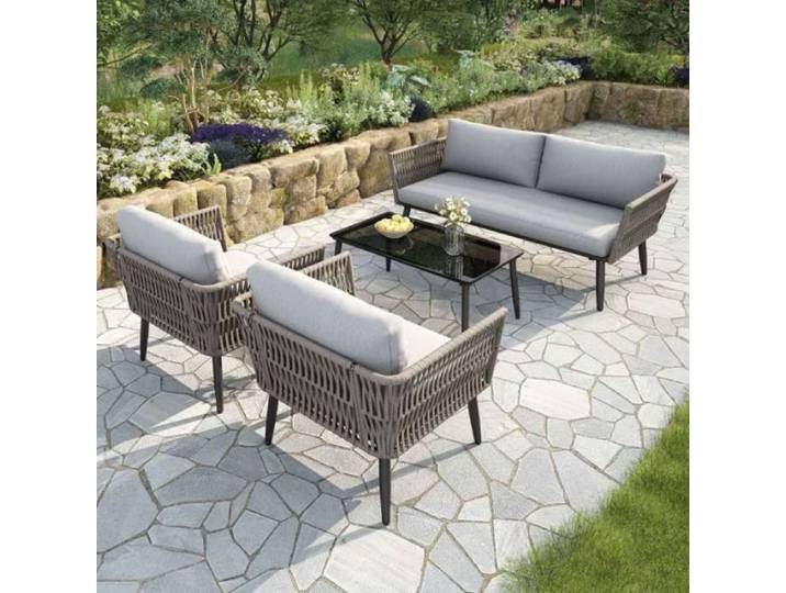 Mobilier de jardin exterieur - Set 4 pièces - Acier galvanisé - Corde PE aspect jonc - Table verre trempé